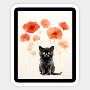 Retro Watercolor Cat and Poppies Flowers | Vintage-Inspired Artwork Sticker